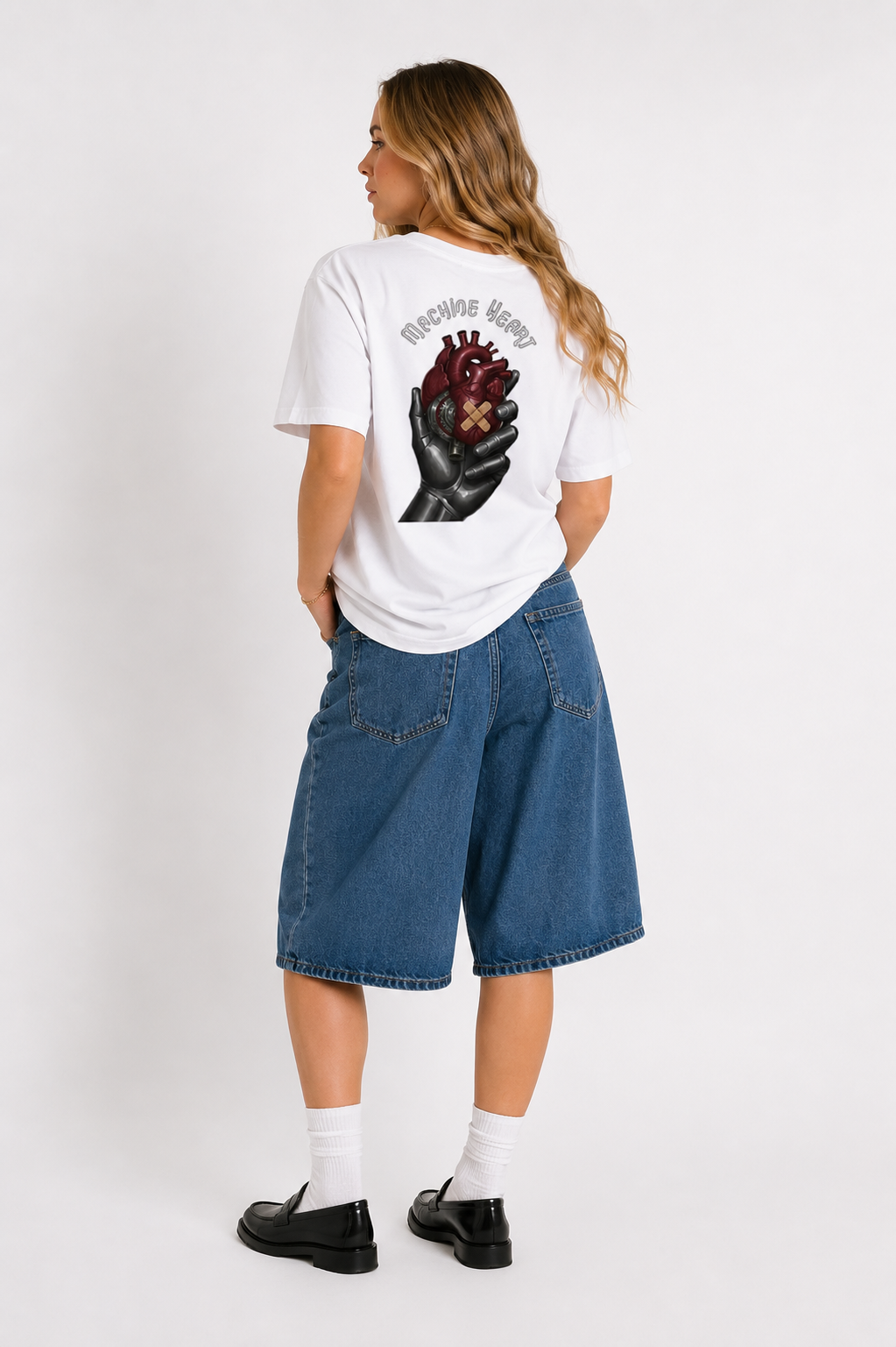 Détail imprimé T-shirt blanc Machine Heart – streetwear éco-responsable unisexe
