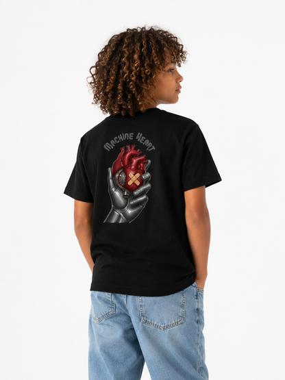 T-shirt enfant noir Machine Heart – illustration futuriste, coton OEKO-TEX