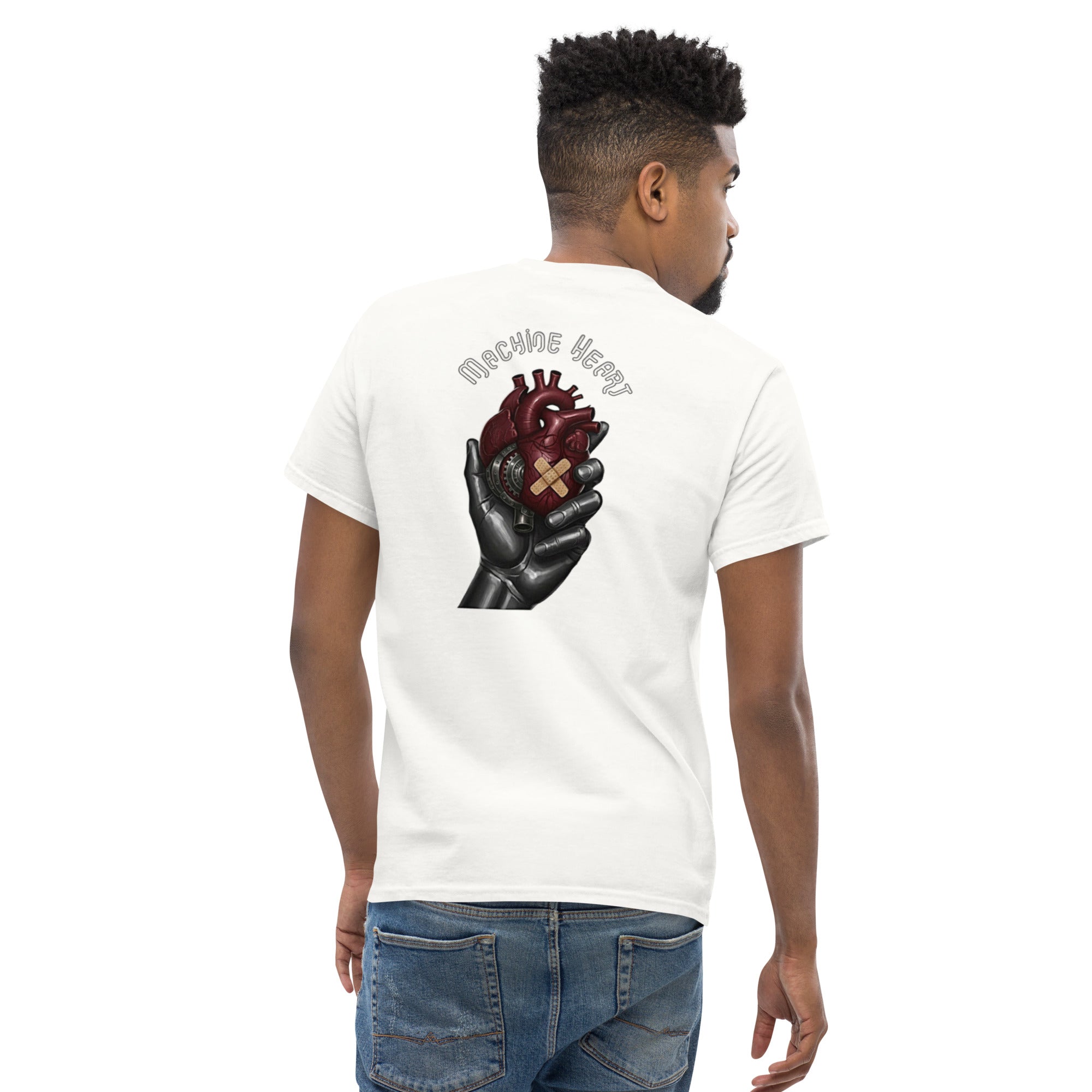 T-shirt blanc unisexe Machine Heart – dos, coupe structurée tailles S à 5XL