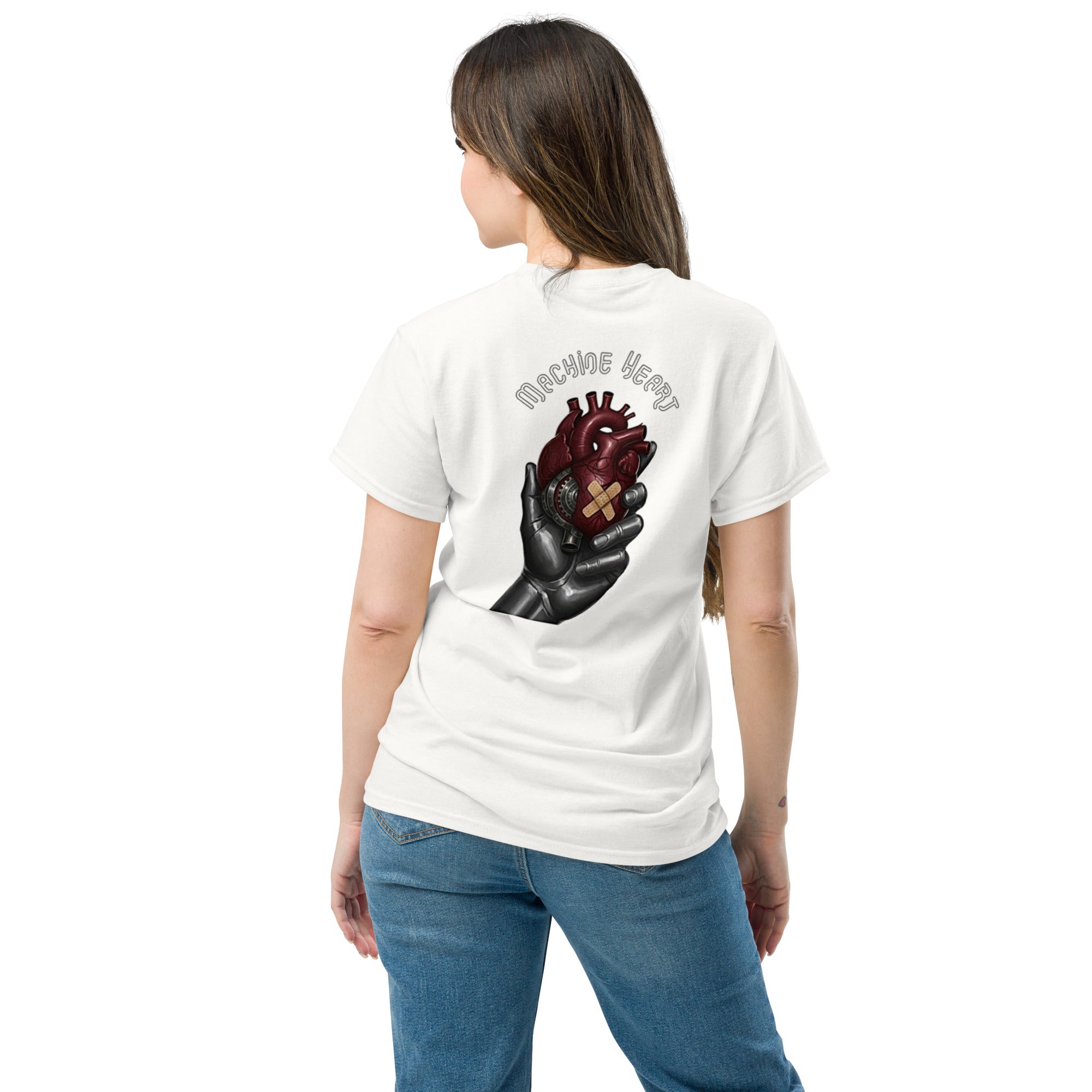 T-shirt blanc unisexe Machine Heart – dos, coupe structurée tailles S à 5XL