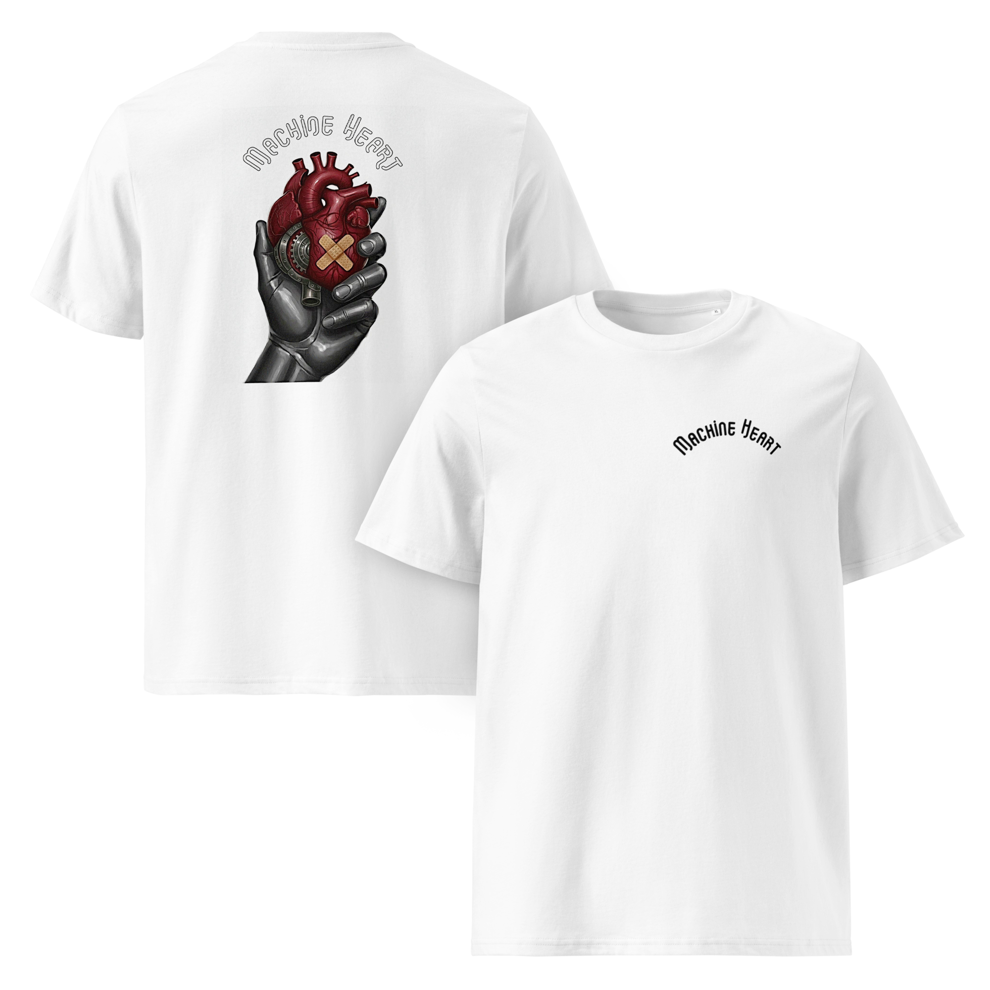 T-shirt blanc Machine Heart – détail illustration futuriste coton bio
